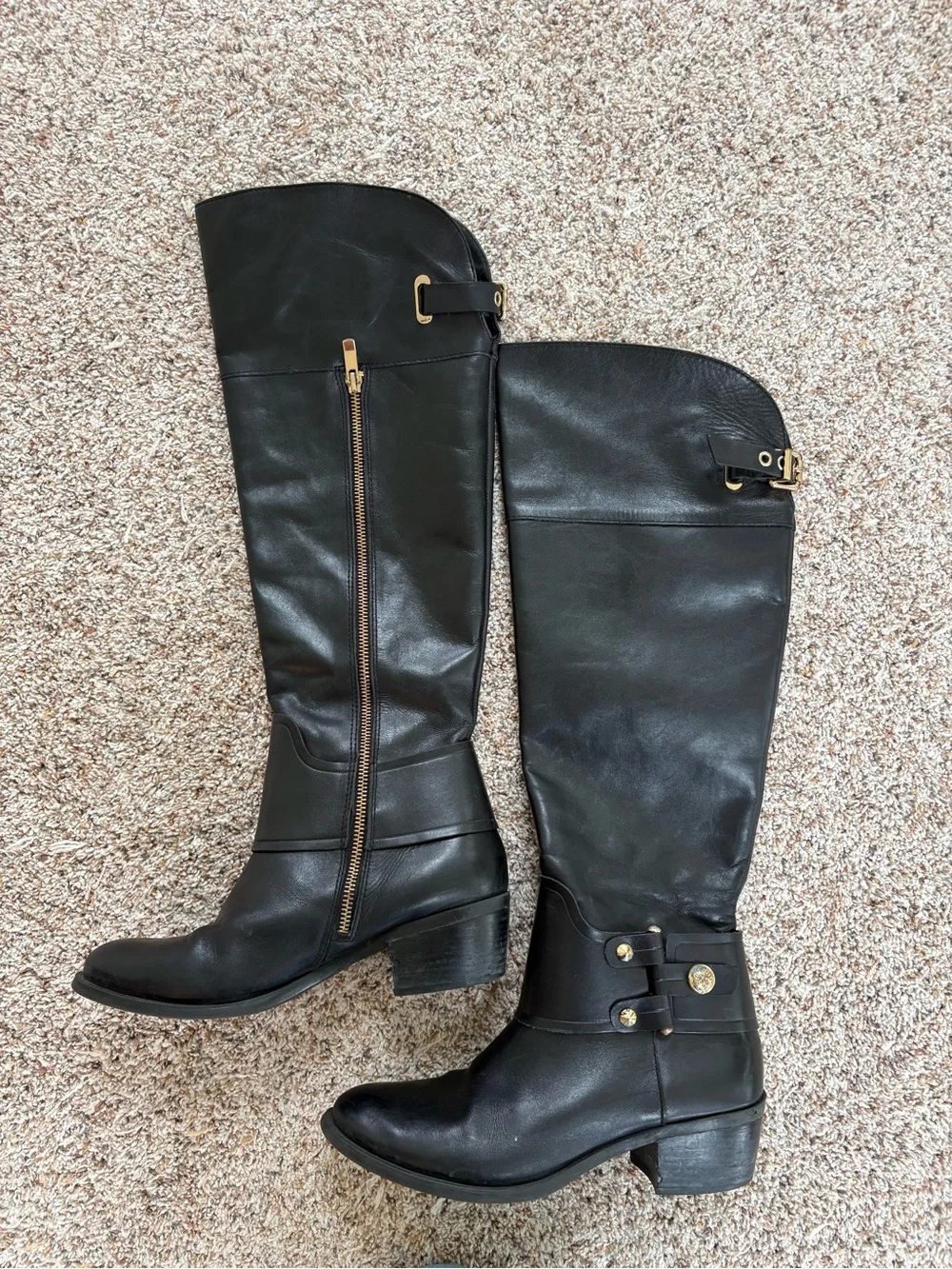 Vince Camino  8 GUC  Black Leather Over-the-Knee Riding Boots with Gold Hardware